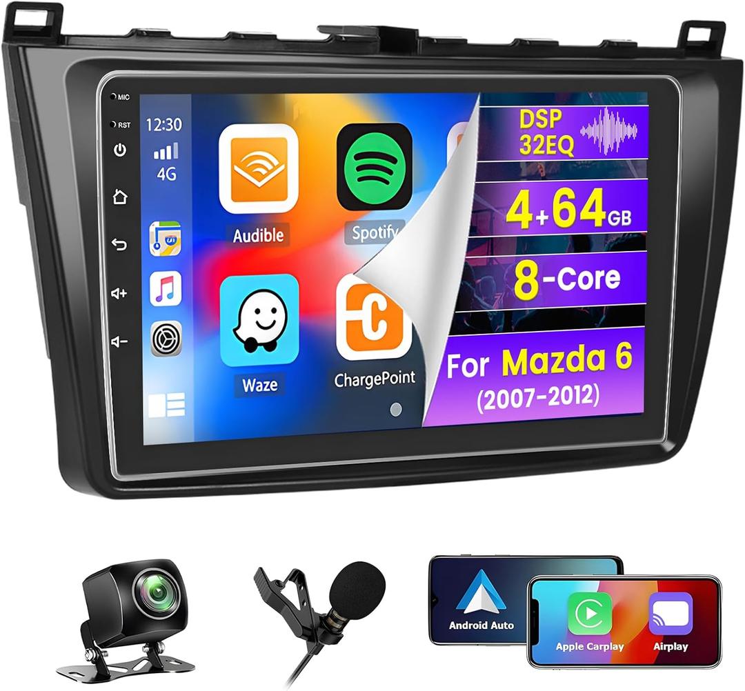 8 Core 4+64G Car Radio for Mazda 6 2007 2008 2009 2010 2011 2012, 9" Touch Screen Bluetooth Radio with Carplay Android Auto, Support Bluetooth5.0 32EQ 1280 * 720 Resolution GPS WiFi + Backup Camera