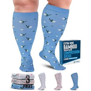 Doctor's Select 3 Pairs Plus Size Compression Socks Wide Calf | Bamboo Viscose Knee High Socks | Extra Wide Calf | Peach, White, Light Blue (Flowers)Pnk/4XL
