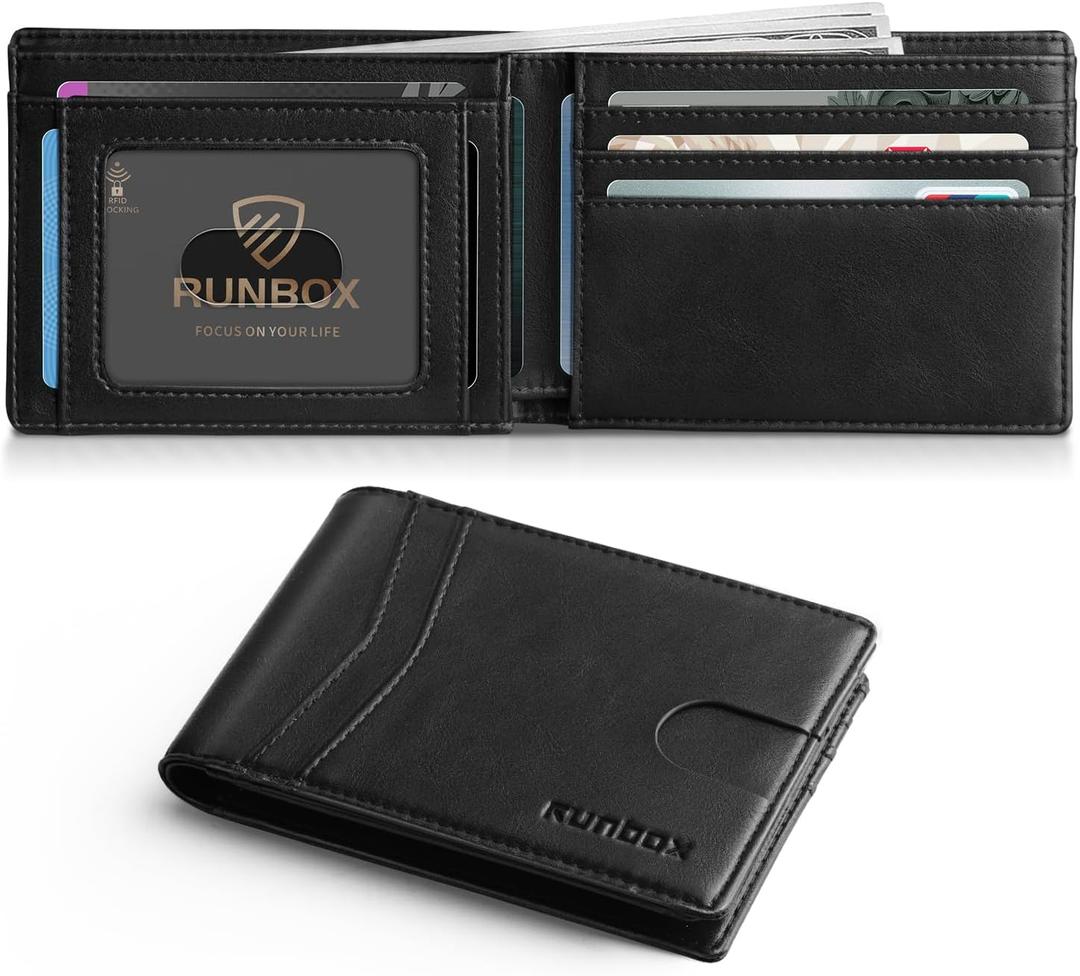 RUNBOX Wallet for Men Slim Leather Bifold RFID Blocking Minimalist Front Pocket Design with Gift Box (Black(one-pocket))