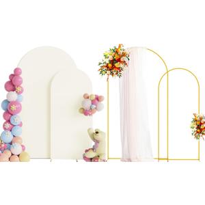 Putros Metal Arch Stand with Cover Set of 2 Ivory Spandex Fitted Wedding Arch Cover and Round Top Chiara Backdrop Stand for Birthday Party Baby Shower Decoration 7.2FT, 6FT