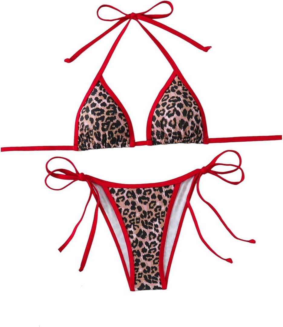 Women's 2 Piece Leopard Bikini Set Cheetah Halter String Triangle Bathing Suits Swimsuit (X-Large, Red)