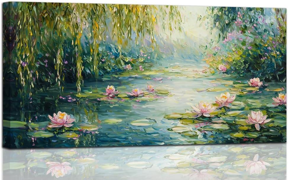 Claude Monet Water Lilies Floral Canvas Prints Wall Art Monet Style Famous Oil Paintings Flowers Decor Classic Impressionist Art Prints, Claude Monet Artwork for Living Room Bedroom Kitchen Home Office Decorations 20x40 Inches