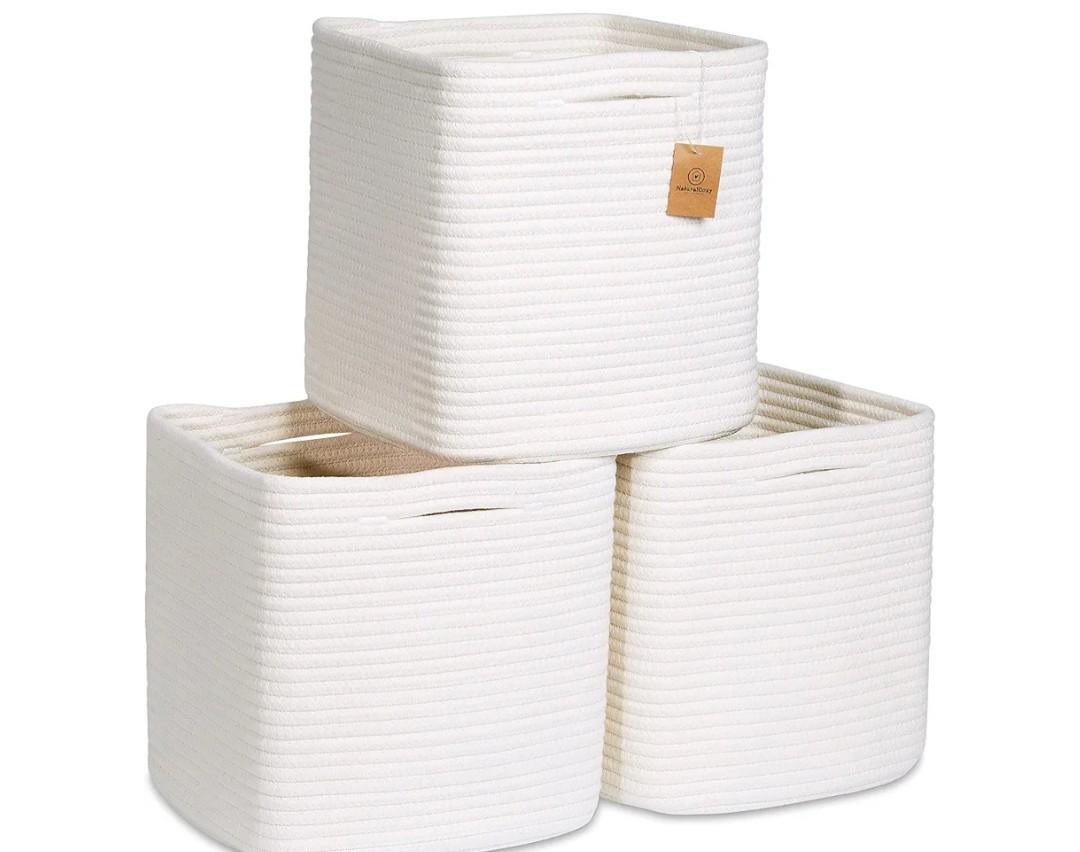 Storage Cubes Cotton Rope Woven Baskets for Organizing, 3-Pack | Cube Storage Bin | Square Storage Baskets for Shelves Organizer, Classroom, Kids Toy Bins, Closet, Baby Nursery, Beige