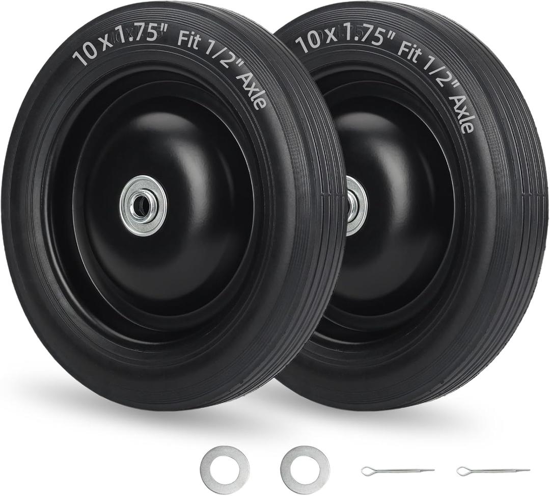 GICOOL 10" x1.75" Flat-Free Solid Rubber Tire and Wheel 1/2" Axle Bore Hole, 1.6" Offset Hub, 2 Pack, Black