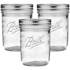 Ball Wide Mouth Glass Mason Jars with Lids and Bands, Used for Canning, Pickling, Juice, Jam, Jelly, Pint Size 16 Ounce (Pack of 3)