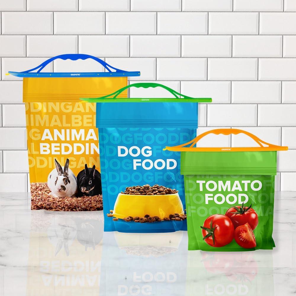 GripStic Heavy Duty Handle Set. 3 Different Size Bag Clips to Seal Large Bags in Your Home, Garage and More. Bag Sealer for Dog Food and cat Food, Bird Seed, Potting Soil and More. 3 Pack.