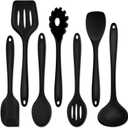 P&P CHEF Silicone Cooking Utensils Set of 7, Heat-proof Kitchen Utensils Set for Nonstick Cookware, Non-stick Spatula, Slotted Turner, Soup Ladle, Pasta Server, Spoon for Cooking Serving - Black