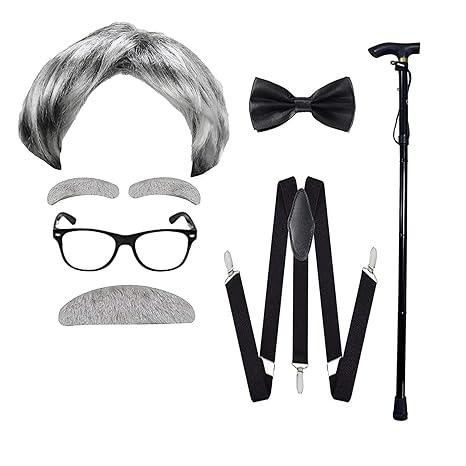 Yaliuliu Old Man Wig Costume for Kids 100 Days of School DressUp with Grandpa Vibes,Complete with Suspender,Cane, Glasses, Gray Wig, Ideal for Halloween Cosplay and for Adults and Boys