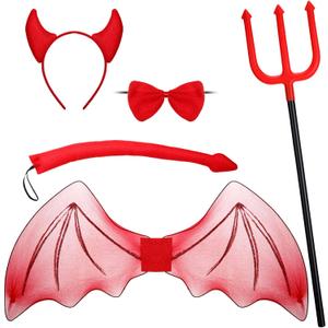 Ramede 5 Pcs Halloween Devil Costume Set Includes Devil Wings Trident Prop Bow Tie Tail Demon Horn Headband Accessories for Women Men Cosplay Carnival Themed Party Supplies, Red