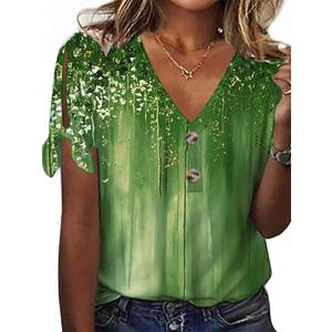 HOMEYEE Women's Summer All Over Print Casual V-Neck T-Shirt Tops with Button Detail (Green, S)
