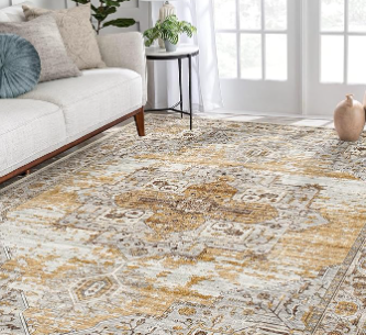 Washable Rugs 8x10 Area Rugs for Living Room,Rugs for Bedroom,Large Carpets,Ultra Soft Faux Wool Retro Dining Room Rug,Non Slip&Non-Shedding Low Pile Vintage Print Rug for Home Office,Orange (Orange-cream-brick Red-grey)