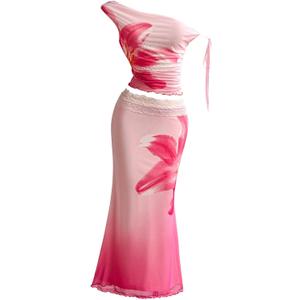 SOLY HUX Women's 2 Piece Outfit Floral Mesh Ruched One Shoulder Crop Tank Top and Bodycon Maxi Skirt Set Pink Floral X-Large