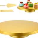Wenqik 14 Inch Metal Gold Cake Stand with Cake Knife and Spatula, Round Dessert Table Display Stand Metal Dessert Tray Serving Platter for Party, Wedding, Birthday, Baby Shower, Anniversary