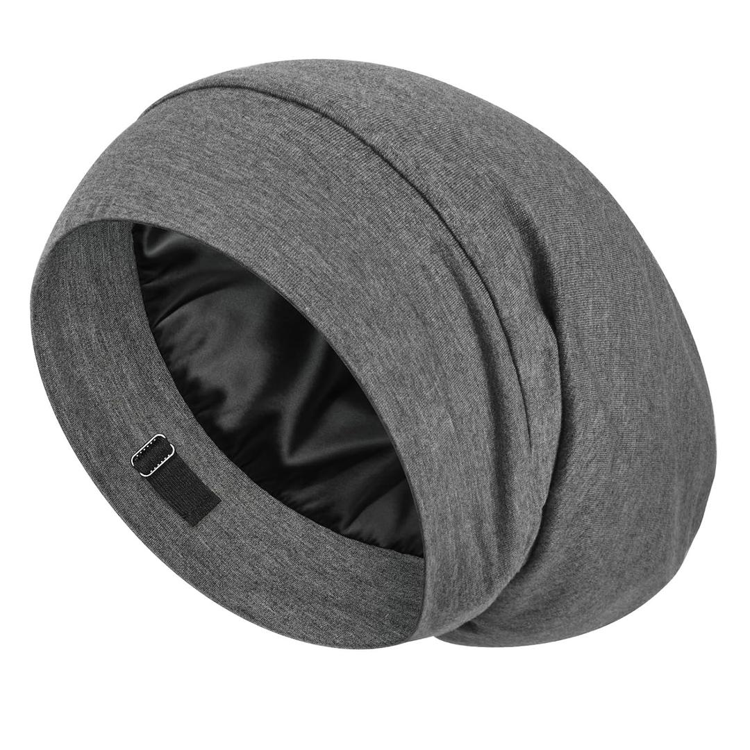 LULUSILK Mulberry Silk Lined Sleep Cap, No More Frizzy Tangled Hair, Stay On All Night Silk Hair Wrap for Sleeping with Adjustable Strap, Silk Bonnet for Women and Men, Dark Grey, Pack of 1
