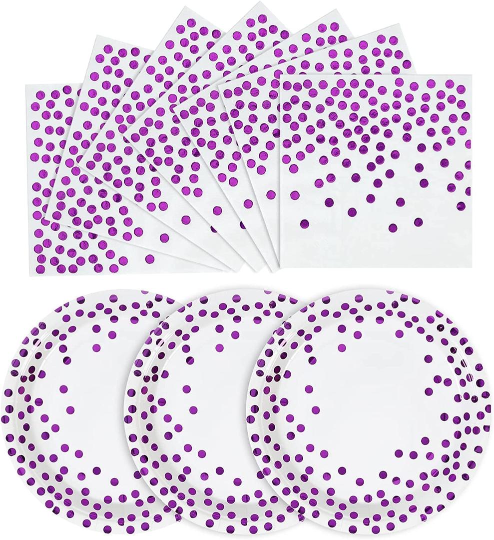 Purple and White Gold Paper Plates and Napkins 200Pack-100 x 7" Dessert plates & 100 x 6.5'' Napkins,Purple Paper Plates for Appetizers,Cakes and Salads,for Birthdays,Graduation,Carnival (Modern-200PCS)