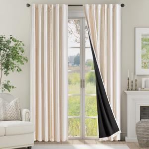 jinchan 100% Blackout Curtains 96 Inches Long for Bedroom, Boho Curtains Golden Geometric Foil Printed on Off White Back Tab Rod Pocket Holiday Room Darkening Farmhouse Pattern 2 Panels