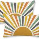 2 x Summer Pillow Covers 12x20 Inch Set of 2, Stripes Yellow Sunshine Decorations Outdoor Throw Pillows Boho Outdoor Rainbow Sun Pillowcase Linen Decor Cute Lumbar Cushion Case for Home Bedroom