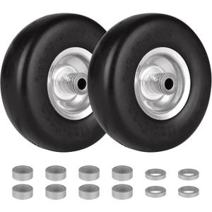 9x3.50-4 Flat Free Smooth Tire and Wheel Assemblies for Residential & Commercial Wheeled Equipment, 4" Centered Hub, 3/4" Bushing-PU Tire on Wheel & Adapter Kits, Set of 2