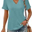 TICTICMIMI Women's V Neck Ruffle Short Sleeve Tops Summer Casual T Shirts (Blue, XL)