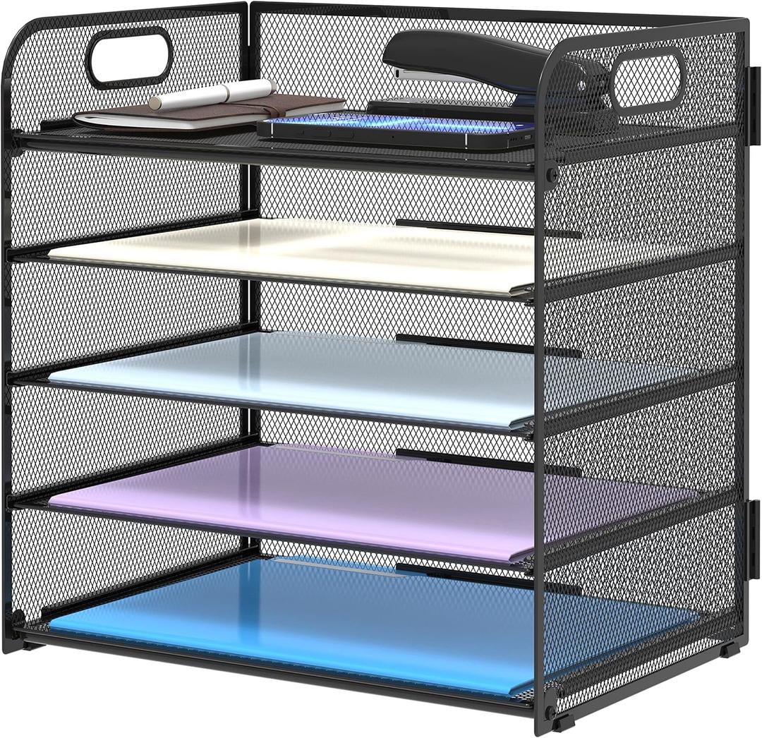 Supeasy 5 Trays Paper Organizer Letter Tray with Handle-Mesh Desk File Holders, Paper Sorter Desk Organizer for Office, Home, Classroom or School (Black)