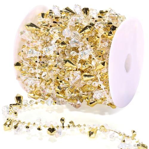 Christmas Garland Iridescent Tree Gold Bead Decoration, Vintage Twinkle Ice Double Twist Bead String Ornaments for Indoor Outdoor Decorations, Rustic Crystal Beaded Home Decor, 16ft