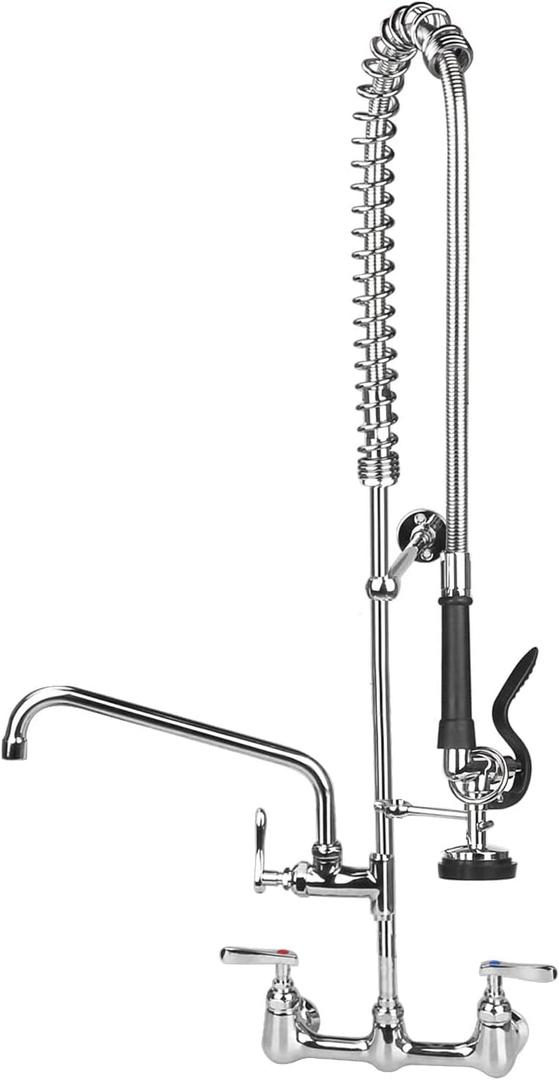 Industrial Commercial Kitchen Faucet with Pre-Rinse Sprayer, 8 Inch Center 47" Height Commercial Wall Mount Faucet with Pull Down Sprayer and 12" Swivel Spout for 2 or 3 Compartment Sinks