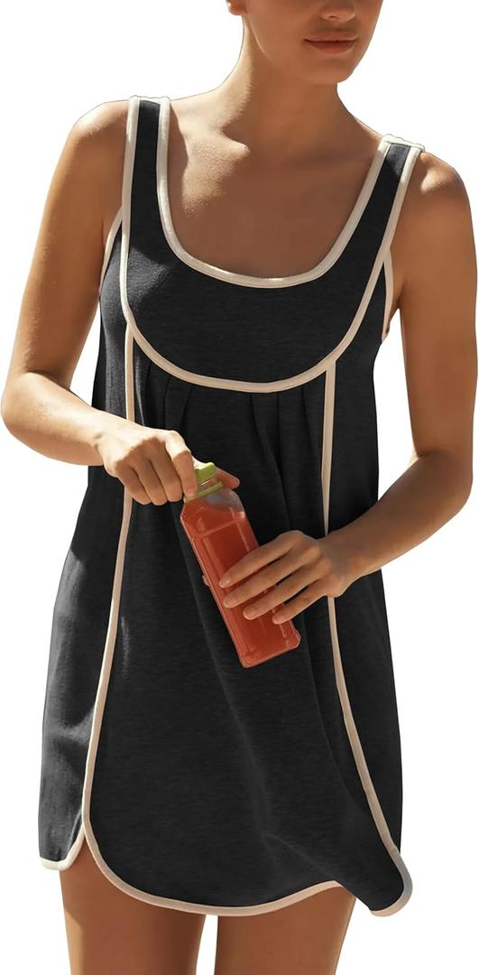 Womens Casual Summer Pleated Sleeveless Crewneck Tank Dress Loose Sundress Athletic Mini Dress (Small, Black)