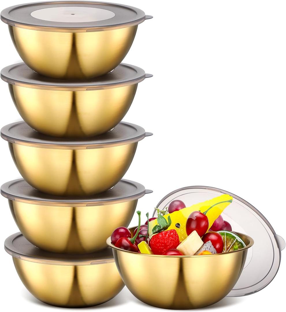 Nuogo 6 Pcs Gold Stainless Steel Mixing Bowl with Airtight Lids 6.7 inch Gold Esthetician Bowls for Easter Ramadan Serving Facial Salad Fruit Snack Soup Cereal Wedding Party