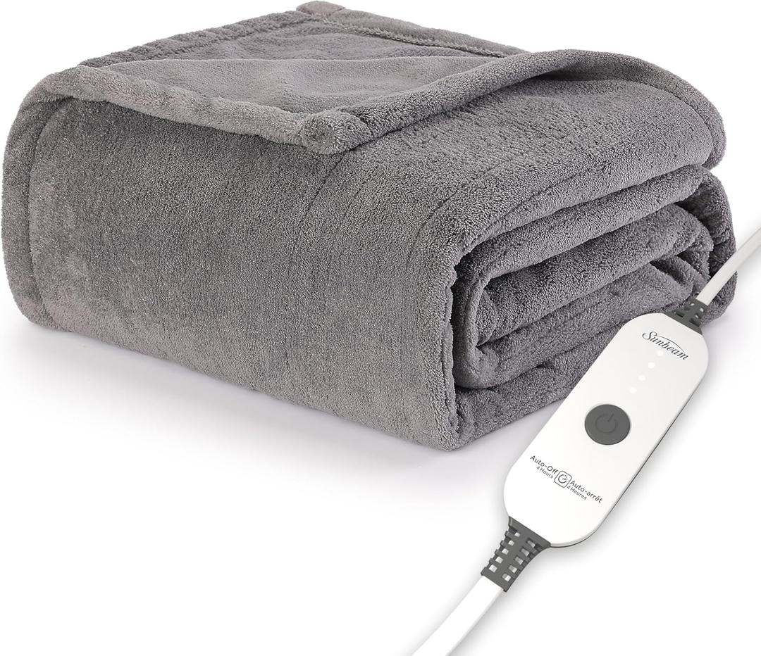 Sunbeam Electric Throw Royal Luxe Microplush Heated Blanket, 4 Heat Settings, 4-Hour Auto Shut-Off, Fast Heating, Warm and Cozy, Dove Grey Color, 50" x 60"