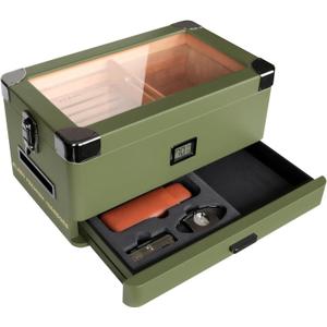Case Elegance Military Glass Top Humidor, Matte Green with Front Digital Hygrometer, Spanish Cedar, Humidor Solution, Hydro System, and Accessory Foam Drawer - Holds (70-100 Cigars) by Klaro