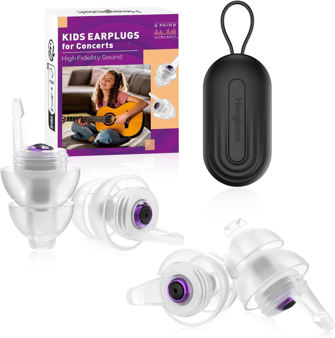 Kids Earplugs (6-12 yrs) - 2 Pairs High Fidelity Concert Ear Plugs for Children, Adults with Small Ear Canals, 23dB Kids Noise Reduction Earplugs for Concerts, Rehearsal, Festival, Party (Purple)