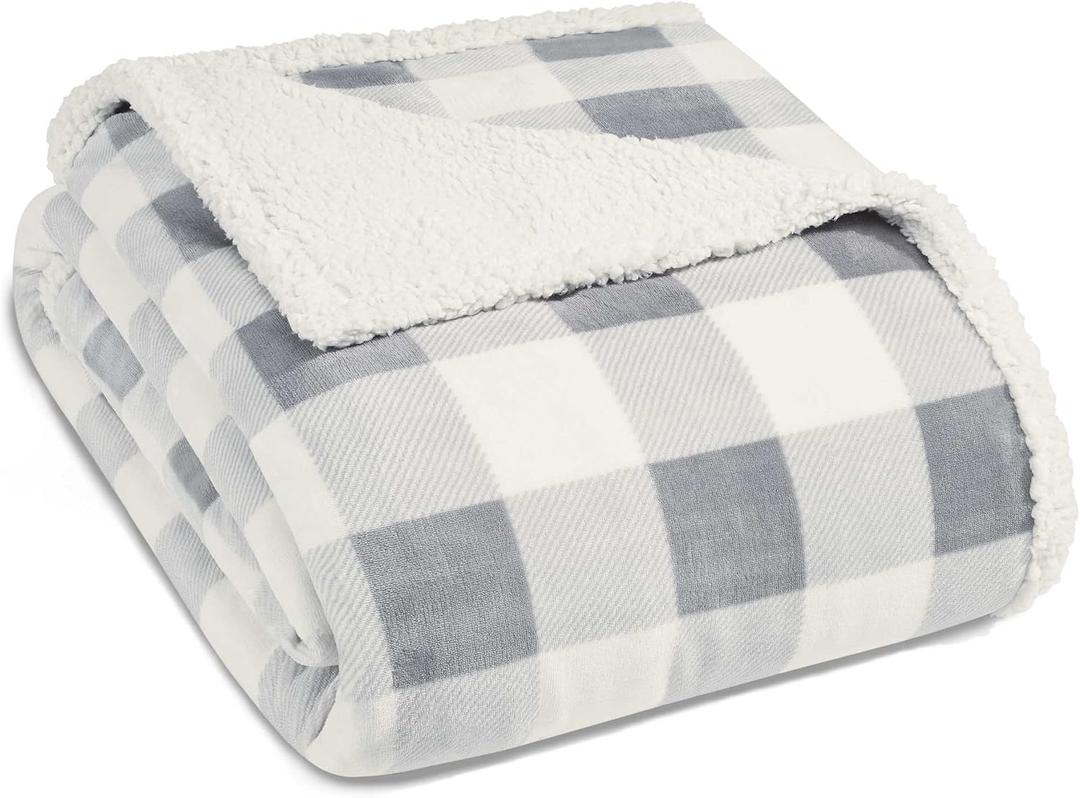 Eddie Bauer - Twin Blanket, Reversible Sherpa Fleece Blanket, Buffalo Plaid Bedding, Super Soft Cozy Home Decor (Chrome Grey, Twin) (Chrome Grey/White)