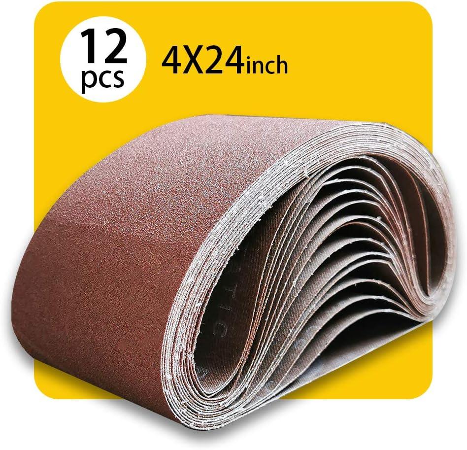4x24 4 x 24 Sanding Belt Pack 4-Inch x 24-Inch,12 Pcs(4 Each of 80 120 150 Grits) Aluminum Oxide for Sander