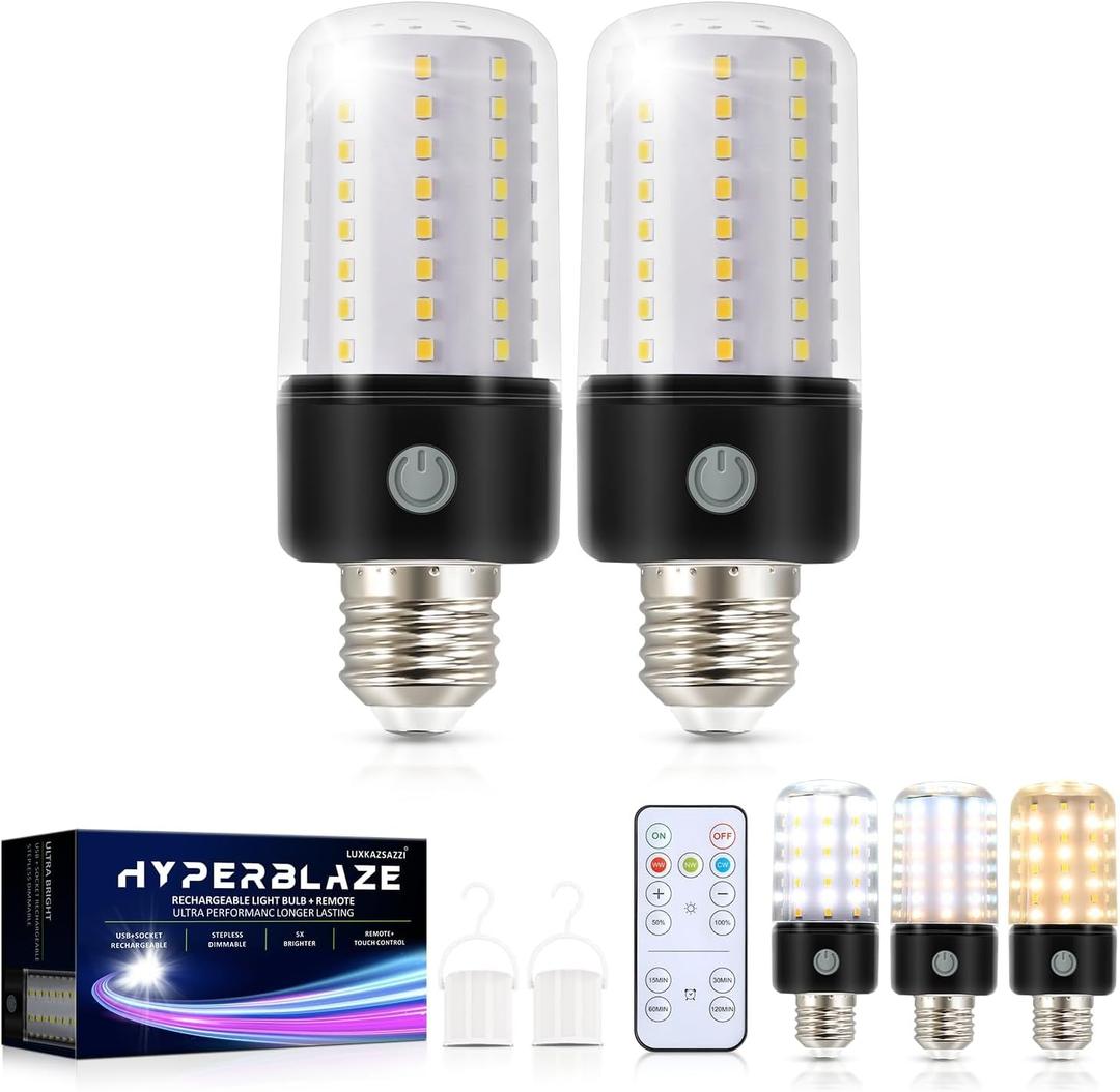 HYPERBLAZE Battery Operated Light Bulb, 72-LED Super Bright Corn Light Bulb with Wide Bright & 3 Colors & Dimmable, Rechargeable Light Bulbs with Remote for Non-Hardwired Sconces and Lamps, 2 Pack (3000k-4500k-6500k)