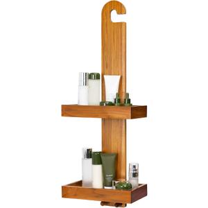 Utoplike Teak Hanging Shower Caddy with Hooks, Bathroom Shower Organizer Over Shower Head, 2-Tier Wood Shelf for Shampoo, Towels, No Drilling