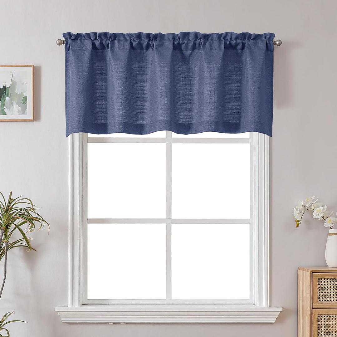 Chyhomenyc Blue Short Curtain Valance for Windows, Faux Linen Textured Half Window Curtains, Burlap Solid Small Curtain for Bathroom Laundry Basement Valance, 60Wx22L Inch, 1 Piece