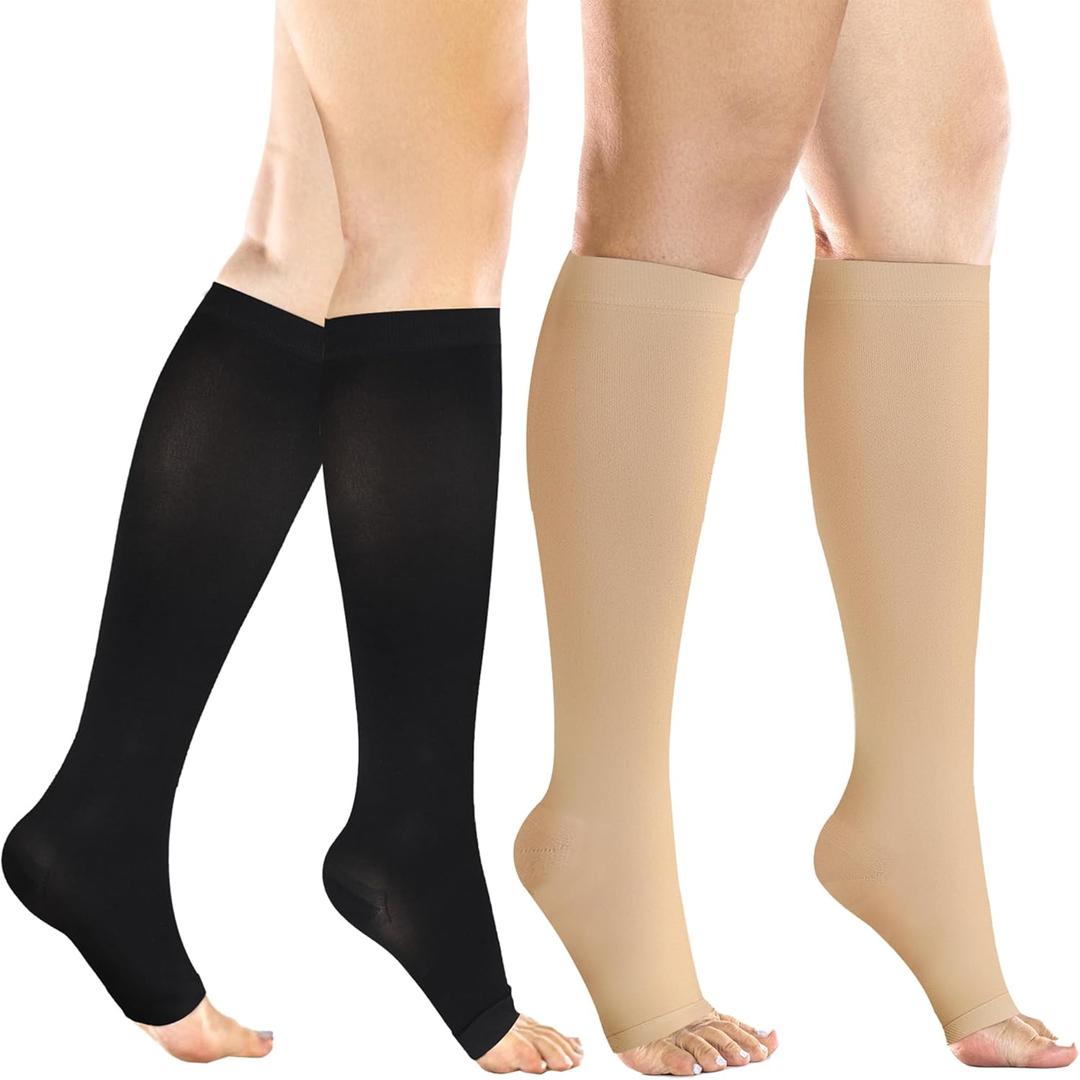 +MD 2 Pairs 20-30 mmHg Medical Compression Socks for Women & Men, Knee High Open Toe Stockings, Circulation Support & Comfort Hose (Large, Nude/Black)