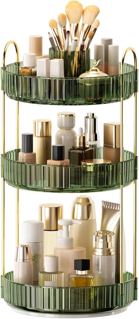 360 Rotating Makeup Organizer, Upgraded 3 Tier Skincare Perfume Organizers for Women, Bathroom Organizer Countertop, Clear Cosmetic Dresser Organizer with Makeup Brush Holder, Sink & Counter (Green)