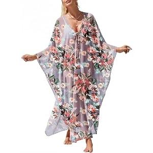 ANRABESS Women Kaftan Moo Moos Dresses Floral Batwing Sleeve V Neck Beach Swimsuit Cover Up Caftan Maxi Dress Red Flowers Green Leaves X-Large
