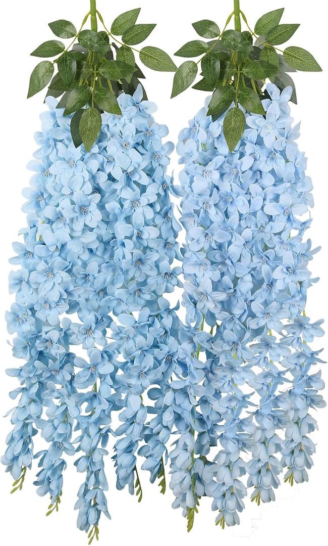 2PCS Artificial Blue Hanging Wisteria Flowers, 2.95ft Wisteria Garland with 5 Branches Realistic Silk Hanging Flowers for Decoration, Wedding Arch, Party Backdrop, and Home Wall Decor