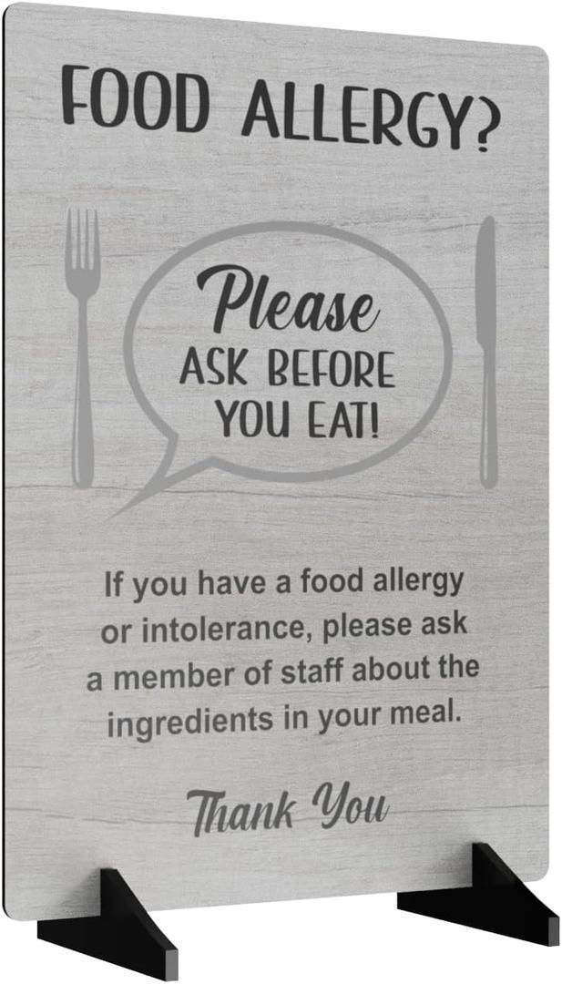 Please Ask Before You Eat, Food Allergy And Intolerance Warning Sign/Notice – A4 Size, Supplied With Wooden Stand – Display This Customer Notice In Your Food Establishment (White Wood Effect)