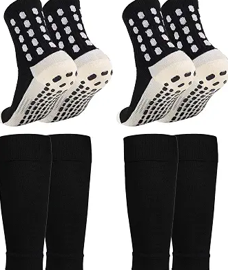 2 Set Kids Grip Soccer Socks with Shin Guard Sleeves, Anti-Slip for Ages 7-14 Youth Boys Football Basketball Training, Medium Black