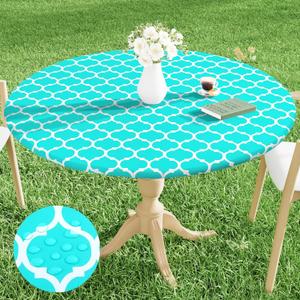 Smiry Round Picnic Tablecloth, Waterproof Elastic Fitted Table Covers for 45" - 56" Tables, Wipeable Flannel Backed Vinyl Tablecloths for Camping, Indoor, Outdoor, Teal & White