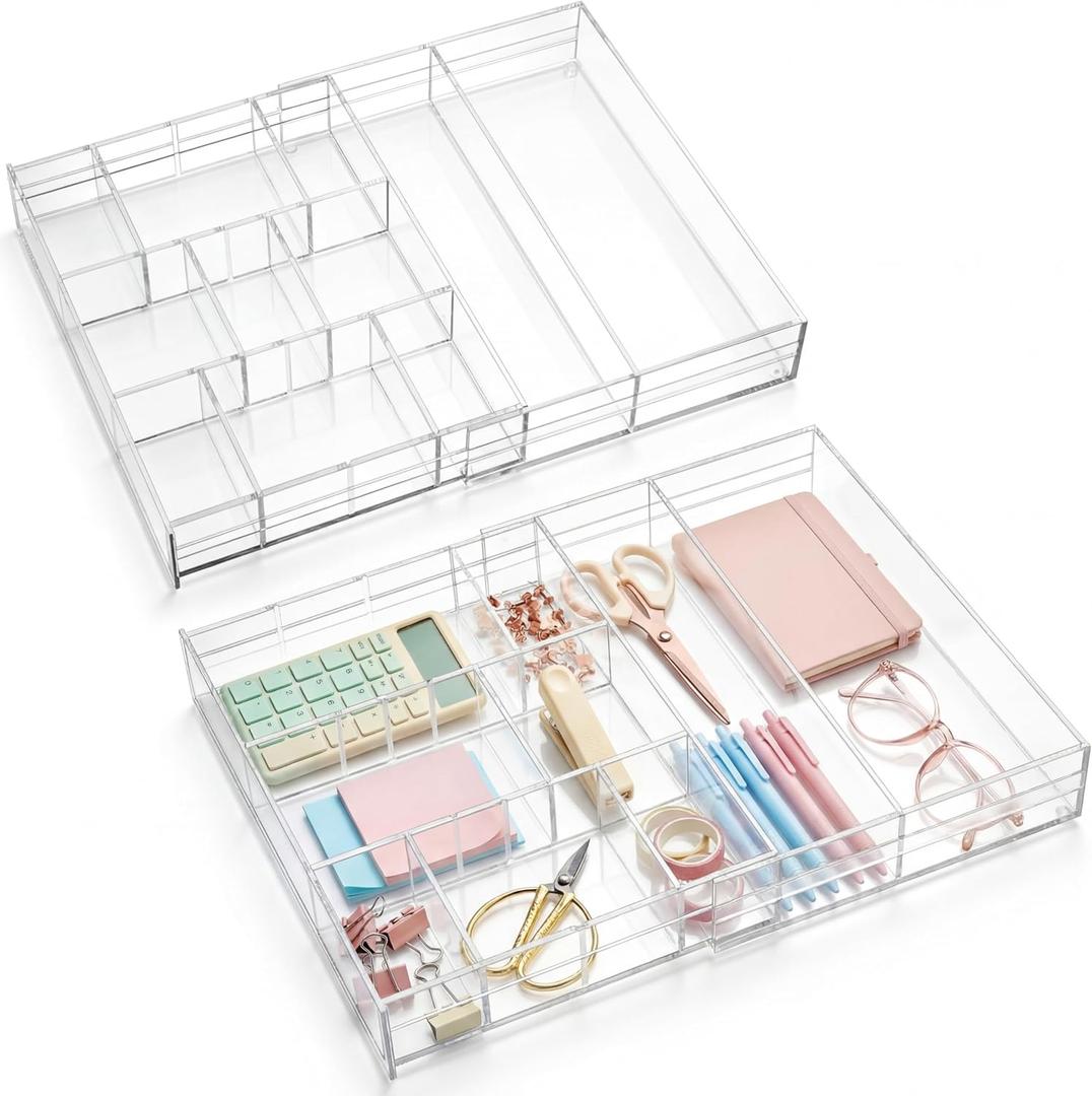 Briwooody 2 Pcs Acrylic Desk Drawer Organizer Maximum 11.8 x 17 x 1.9 Inch Expandable Drawer Organizer Trays with 7 Adjustable Compartments Desk Accessories for Makeup Silverware Office Bathroom