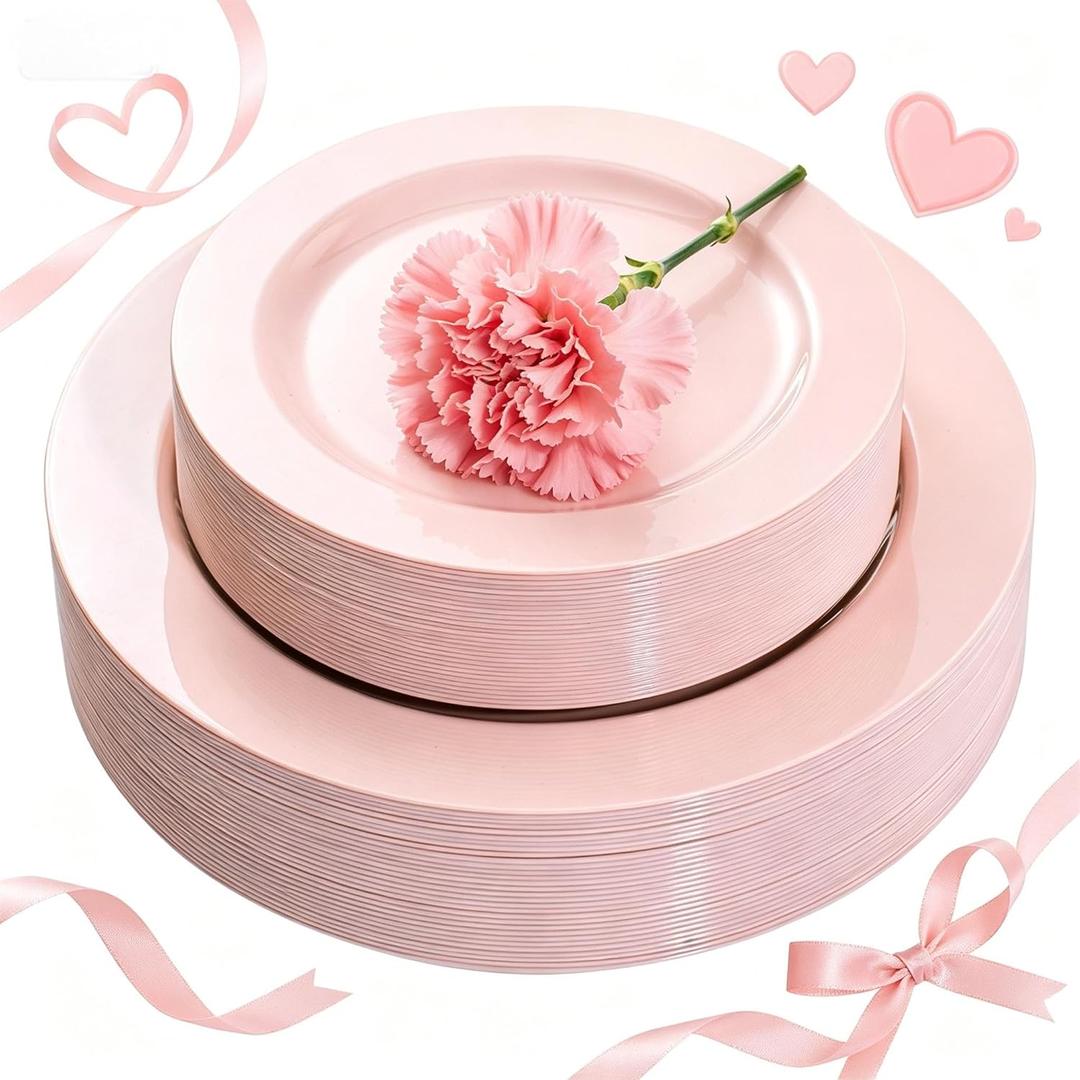 FLOWERCAT 60PCS Pink Plastic Plates - Heavy Duty Pink Plates Disposable for Spring Party&Mother's Day/Wedding - serving 30 guests Include 30PCS 10.25inch & 30PCS 7.5inch