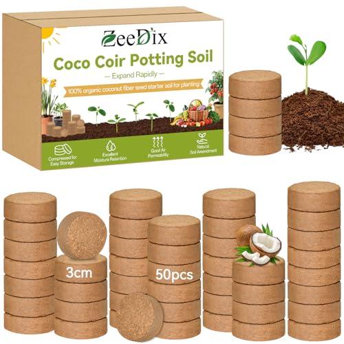 ZeeDix 50 Pack 30mm Organic Coco Coir Seed Starter Pellets, Compressed Coconut Fiber Seed Starter Soil Discs Potting Soil Mix for Indoor Outdoor Plants, Herbs Houseplants Bonsai Vegetables Flowers