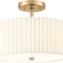 Gold Semi Flush Mount Ceiling Light, 3-Light 12.5" Ceiling Light Fixture with White Pleated Fabric Shade, Drum Lamp for Nursery Hallway Bedroom Kitchen, AD-25036-3SF-GD
