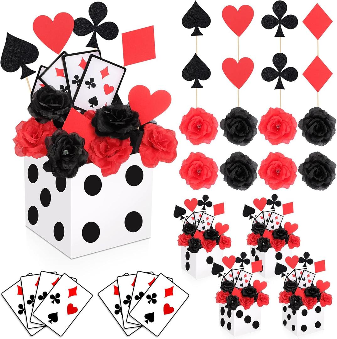 4 Sets Casino Theme Party Decoration Dice Favor Boxes Poker Toppers for Table Centerpieces with Flowers Poker Cutouts and Sticks for Las Vega Game Night Themed Party Decor