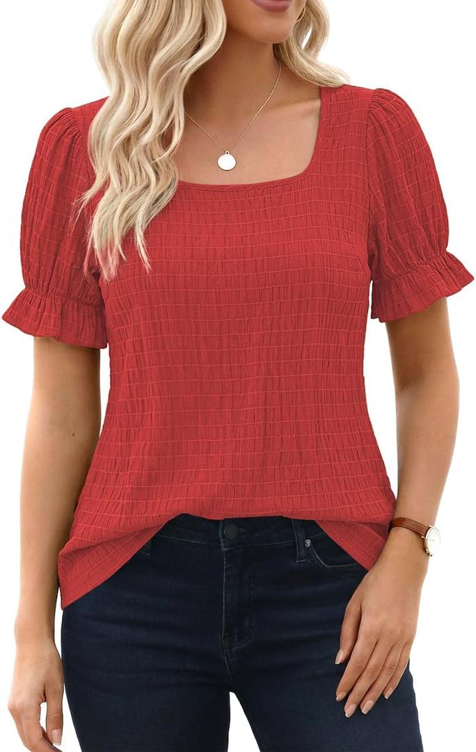 Womens Summer Tops Puff Short Sleeve Cute T Shirts Dressy Casual Square Neck Blouses Clothes (Red)