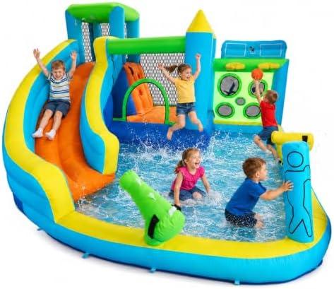 Acpouw Inflatable Bounce House, 7-in-1 Water Slide Bouncer | With 480W Blower, Climbing Wall, Jumping Area, Water Cannon, Splash Pool and Basketball Hoop, Indoor Outdoor Backyard